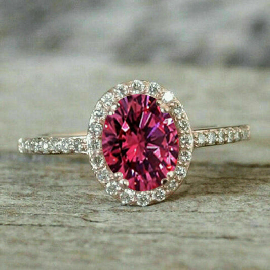 925 Sterling Silver 2 CT Oval Cut Pink Sapphire Diamond Halo Engagement Ring