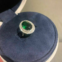 2 CT Oval Cut Green Emerald Diamond Halo Engagement Ring 925 Sterling Sliver
