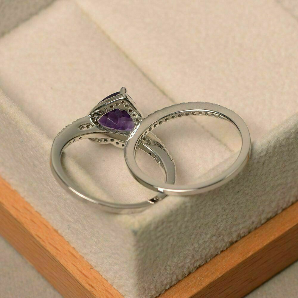 2 CT Heart Cut Amethyst Bridal Set Halo Engagement Ring 925 Sterling Silver