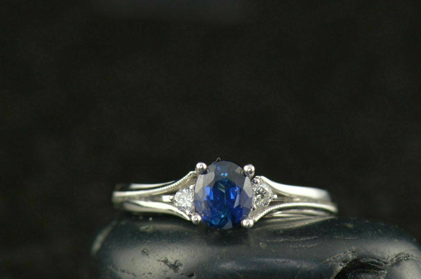 2 CT Oval Cut Blue Sapphire Round Diamond Three Stone Ring 925 Sterling Silver