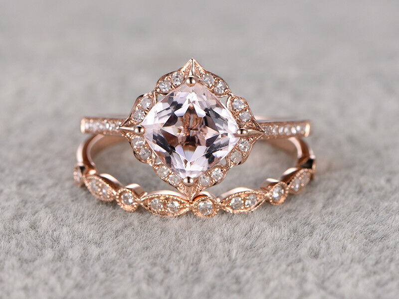 2 CT Cushion Cut Morganite Diamond Halo Wedding Bridal Ring Set 925 Sterling Silver