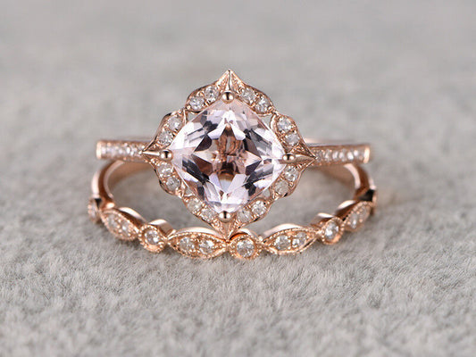2 CT Cushion Cut Morganite Diamond Halo Wedding Bridal Ring Set 925 Sterling Silver