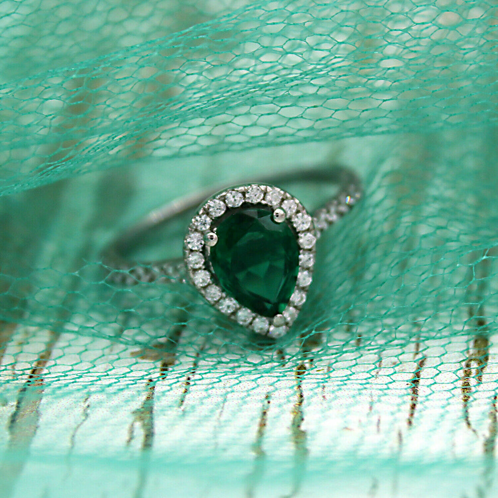 2 CT Pear Cut Green Emerald Diamond 925 Sterling Sliver Wedding Women's Ring