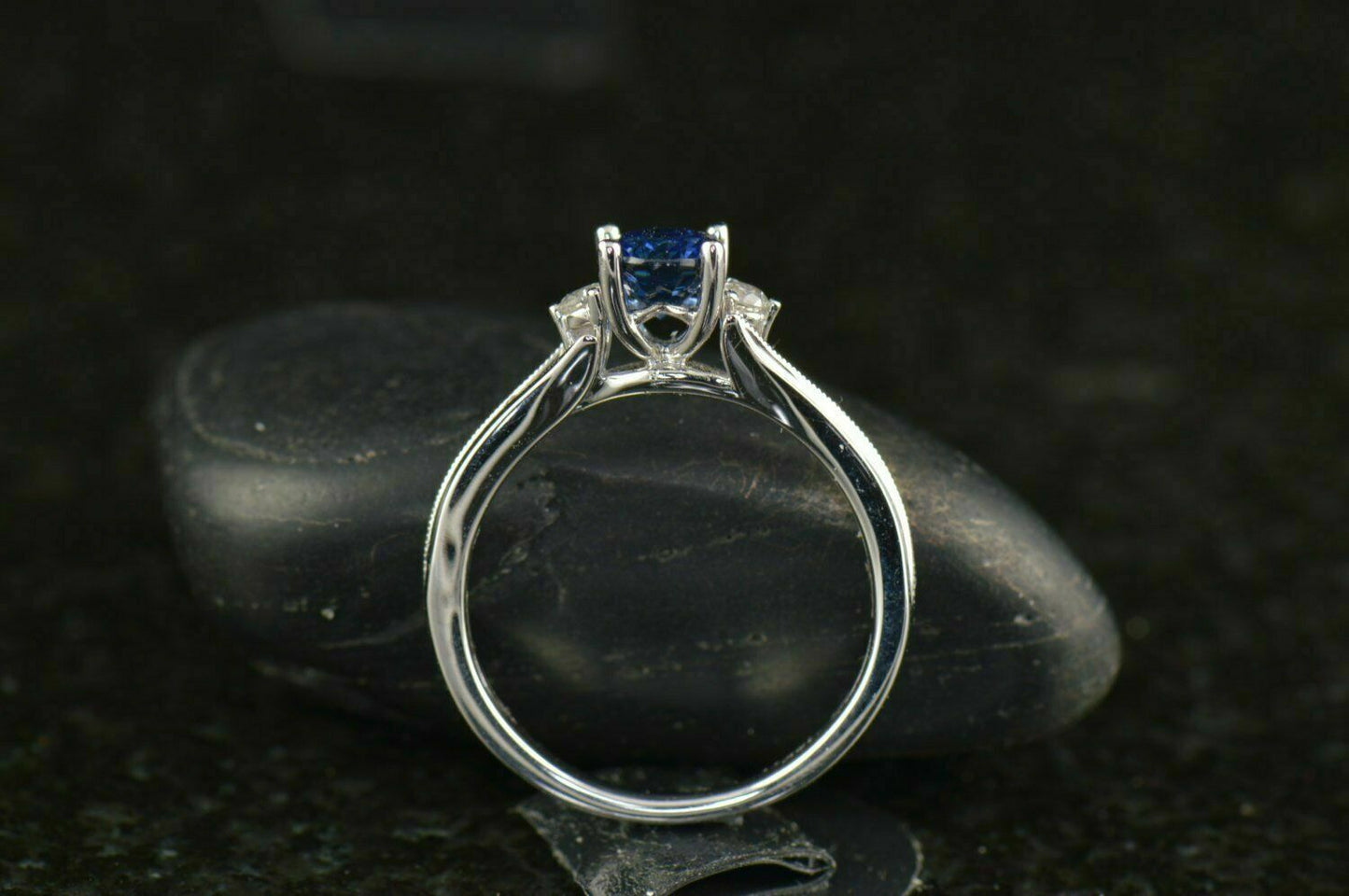 2 CT Oval Cut Blue Sapphire Round Diamond Three Stone Ring 925 Sterling Silver