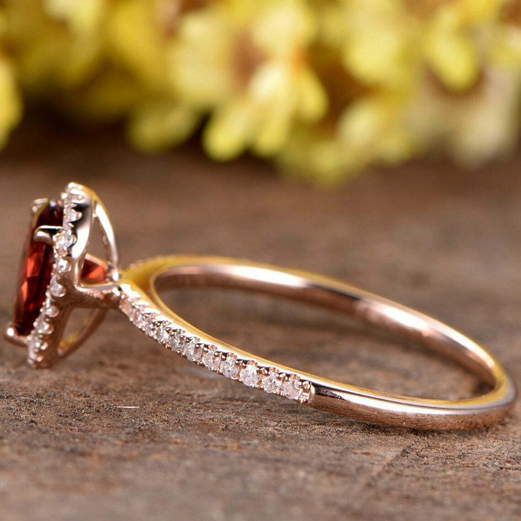 3 CT Pear Cut Red Garnet Diamond Halo Wedding Ring 925 Sterling Silver