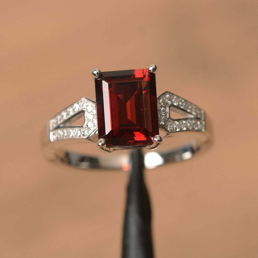 1 CT Emerald Cut Garnet Diamond 925 Sterling Silver Solitaire Anniversary Ring