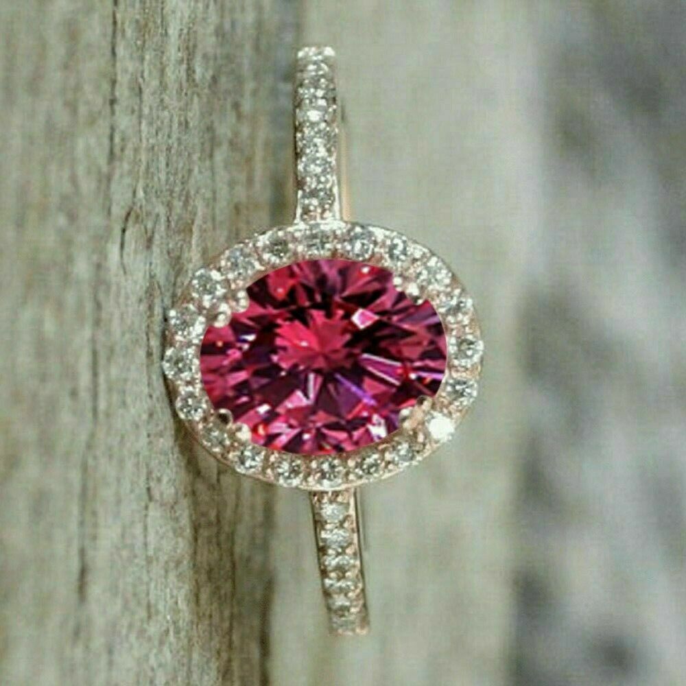 925 Sterling Silver 2 CT Oval Cut Pink Sapphire Diamond Halo Engagement Ring
