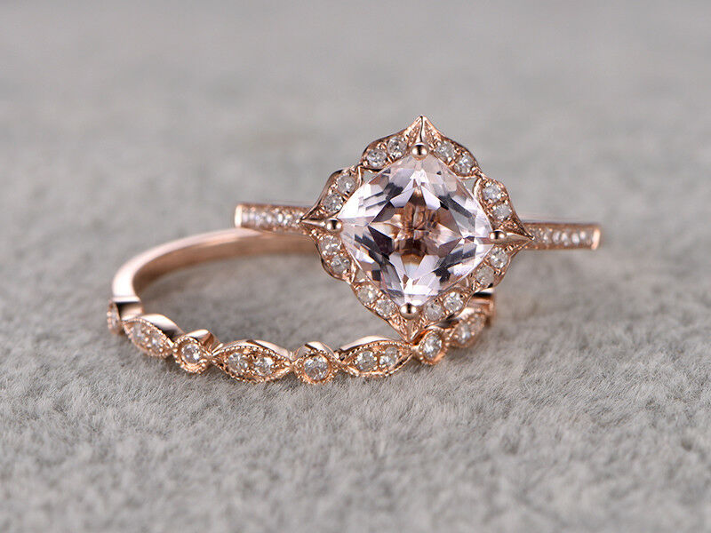2 CT Cushion Cut Morganite Diamond Halo Wedding Bridal Ring Set 925 Sterling Silver