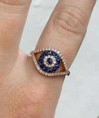 0.25 CT Round Cut Diamond Blue Sapphire 925 Sterling Silver Evil Eye Ring