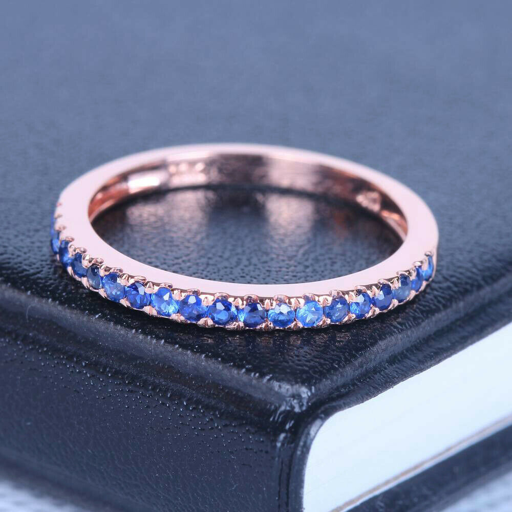 925 Sterling Silver 1 CT Round Cut Blue Sapphire Diamond Wedding Band Ring