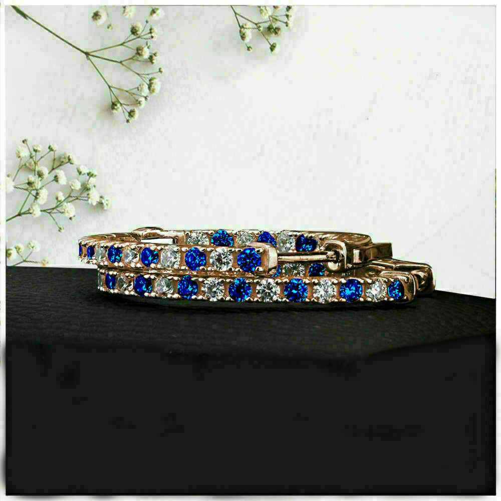 2.10 CT Round Gorgeous Cut Blue Sapphire Huggie Hoop Earring 925 Sterling Silver