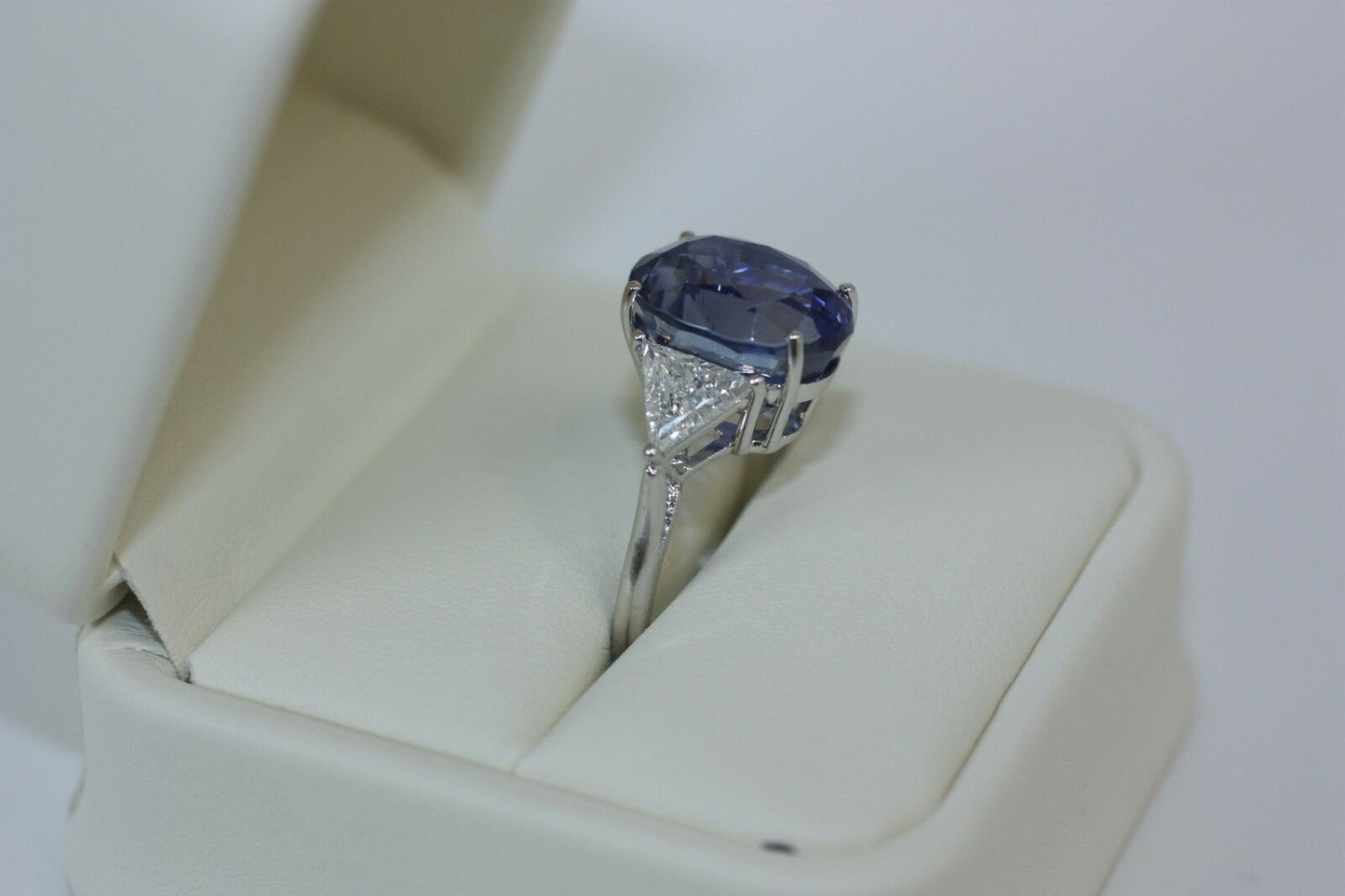 2 CT Oval Cut Blue Sapphire & White Trillion Diamond 925 Sterling Silver Three Stone Ring