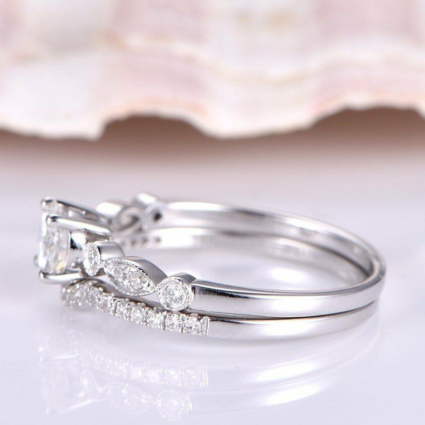 Bridal Set Engagement Ring 1 CT Round Cut Diamond 925 Sterling Silver