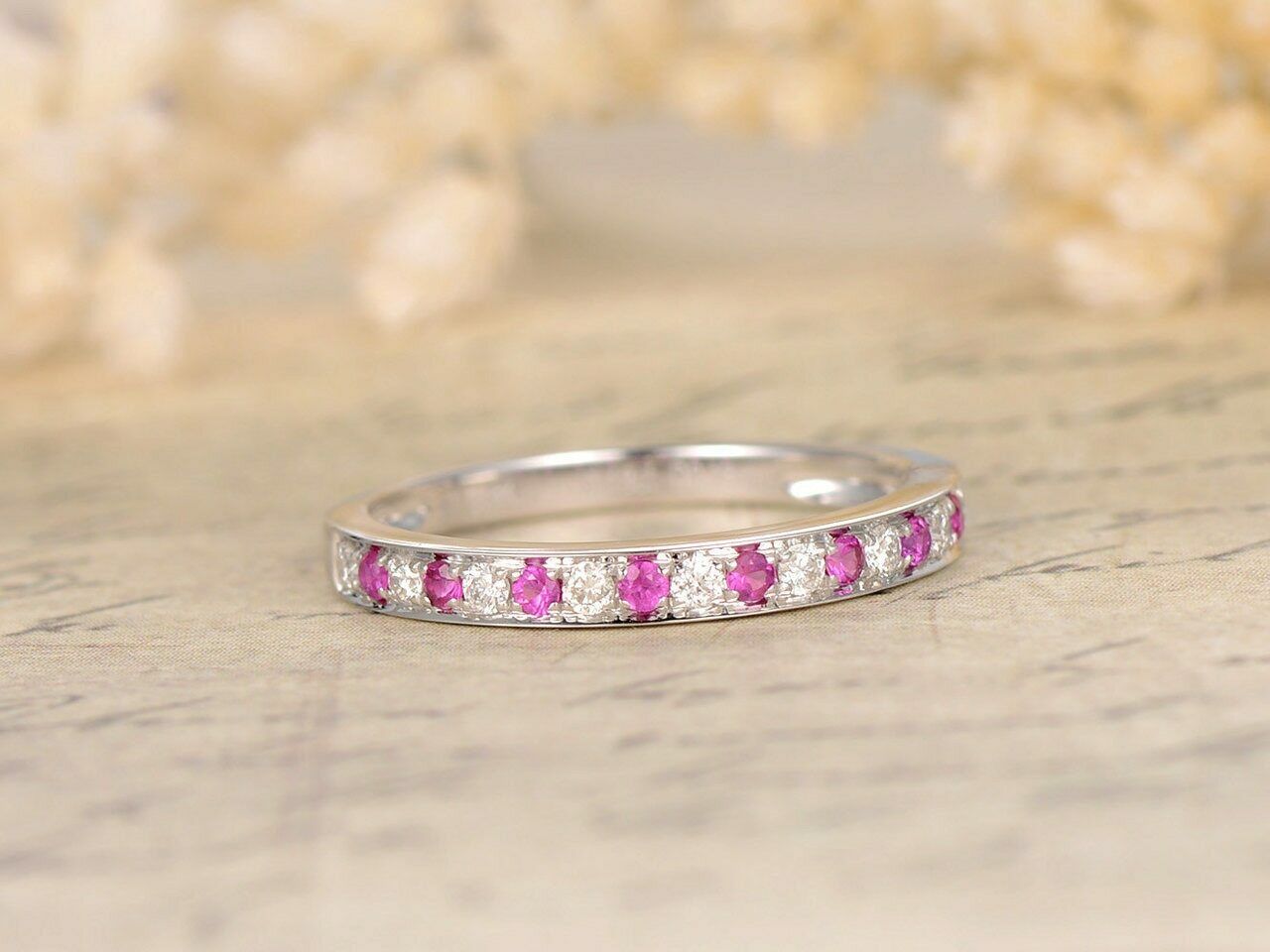 1.2 CT Round Cut Pink Sapphire Diamond 925 Sterling Silver Wedding Band Half Eternity Ring