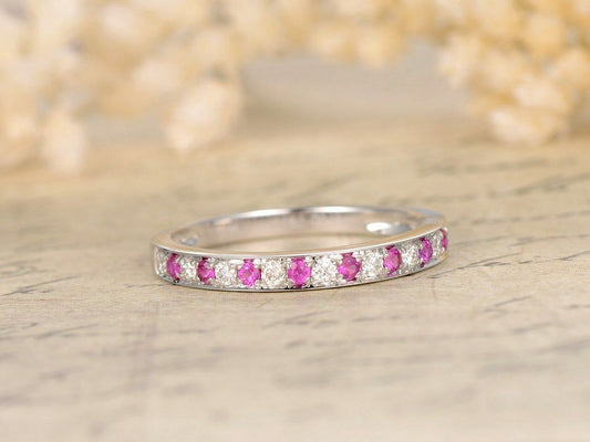 1.2 CT Round Cut Pink Sapphire Diamond 925 Sterling Silver Wedding Band Half Eternity Ring