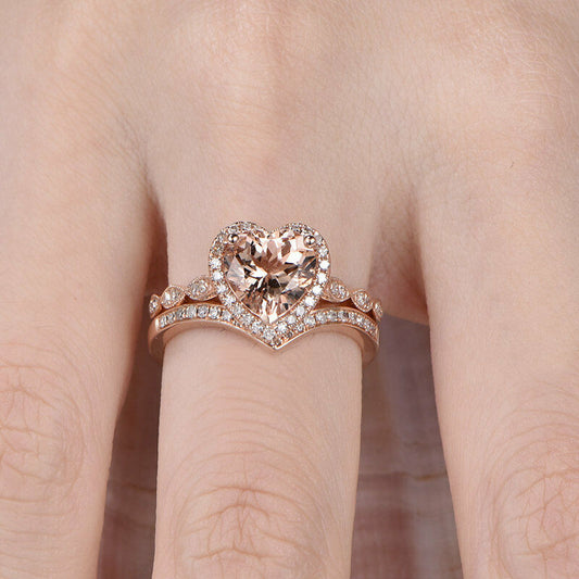 3 CT Heart Cut Morganite Bridal Halo Engagement Ring Set 925 Sterling Silver