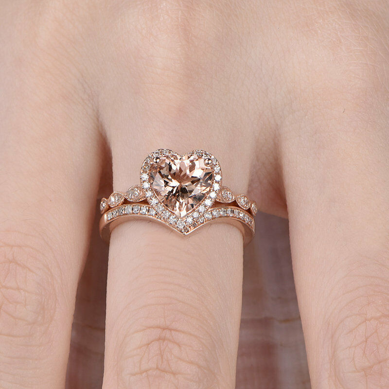 3 CT Heart Cut Morganite Bridal Halo Engagement Ring Set 925 Sterling Silver