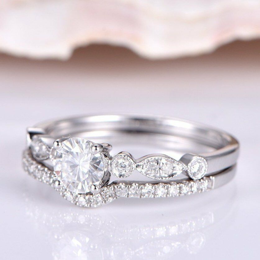 Bridal Set Engagement Ring 1 CT Round Cut Diamond 925 Sterling Silver