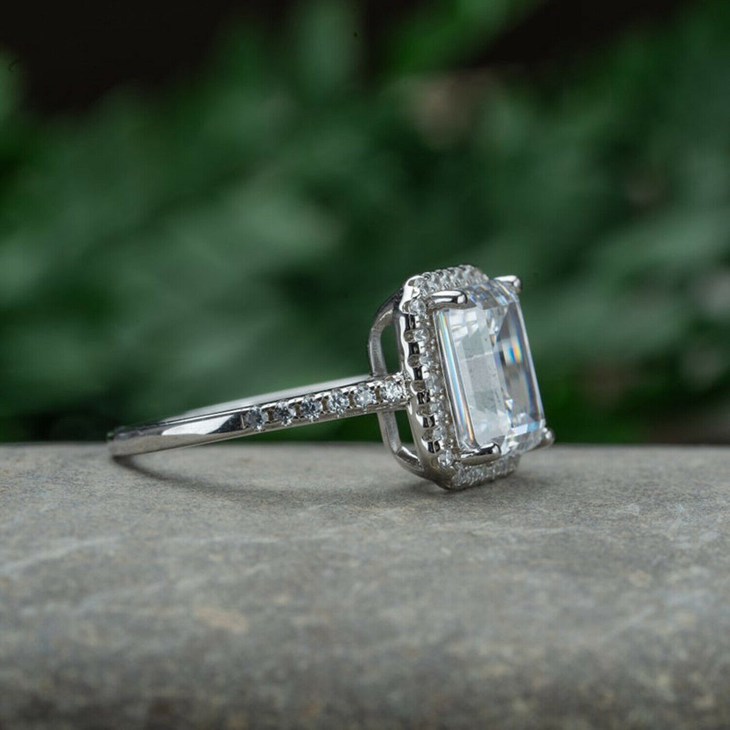2 CT Emerald Cut Diamond 925 Sterling Sliver Halo Wedding Ring