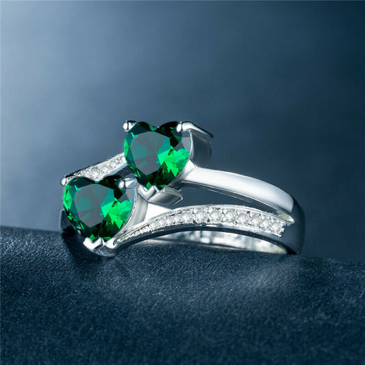 1 CT Heart Cut Green Emerald Diamond Women's 925 Sterling Silver Wedding Ring