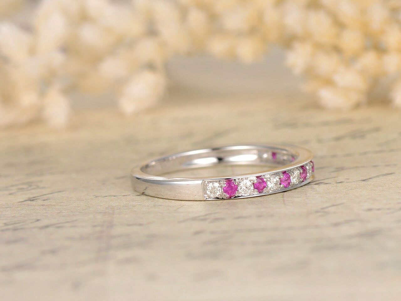 1.2 CT Round Cut Pink Sapphire Diamond 925 Sterling Silver Wedding Band Half Eternity Ring