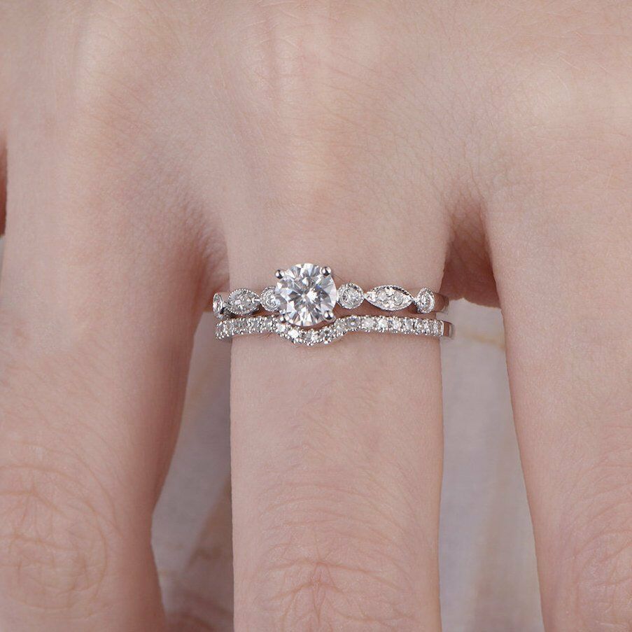 Bridal Set Engagement Ring 1 CT Round Cut Diamond 925 Sterling Silver