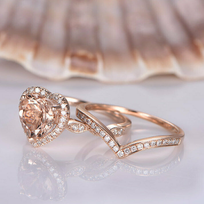 3 CT Heart Cut Morganite Bridal Halo Engagement Ring Set 925 Sterling Silver