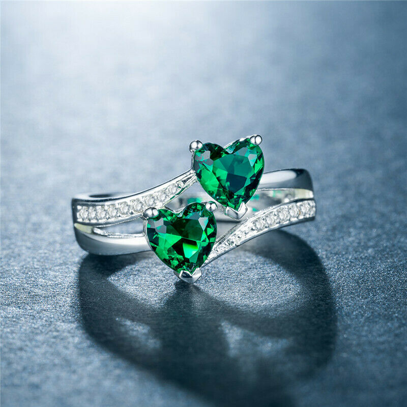 1 CT Heart Cut Green Emerald Diamond Women's 925 Sterling Silver Wedding Ring