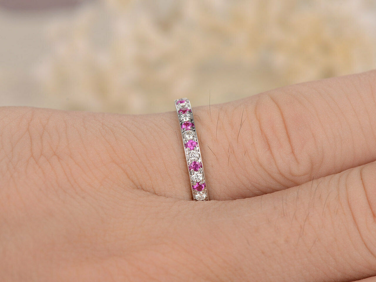 1.2 CT Round Cut Pink Sapphire Diamond 925 Sterling Silver Wedding Band Half Eternity Ring