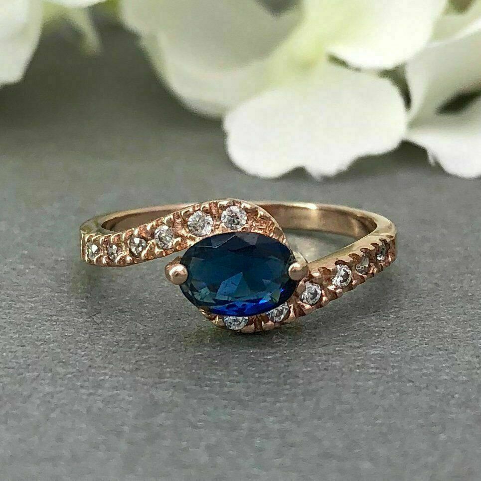 925 Sterling Silver 1 CT Oval Cut Blue Sapphire Accents Solitaire Engagement Ring