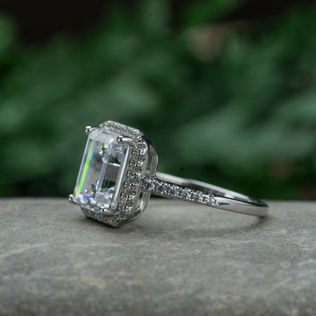 2 CT Emerald Cut Diamond 925 Sterling Sliver Halo Wedding Ring