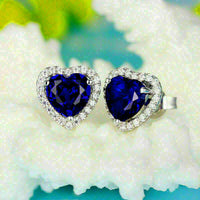 925 Sterling Sliver 3 CT Heart Cut Blue Sapphire Halo Stud Women's Earrings