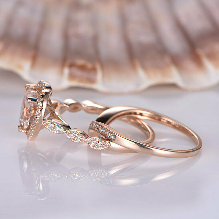 3 CT Heart Cut Morganite Bridal Halo Engagement Ring Set 925 Sterling Silver