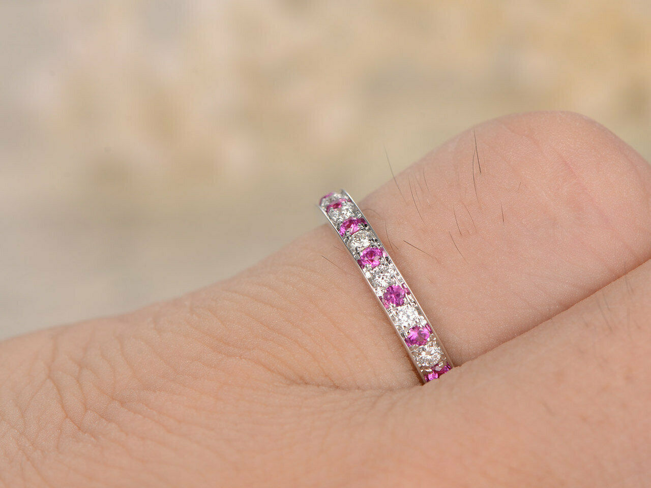 1.2 CT Round Cut Pink Sapphire Diamond 925 Sterling Silver Wedding Band Half Eternity Ring