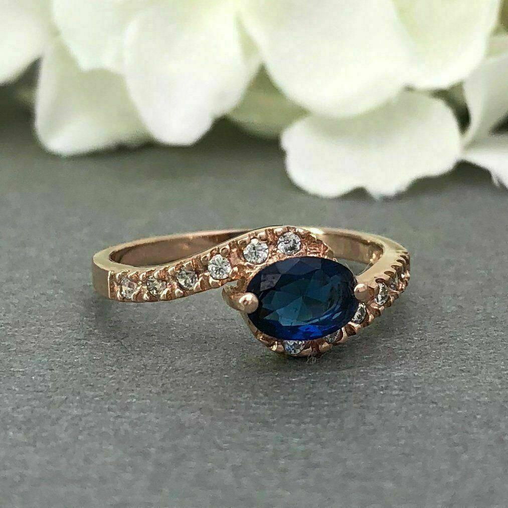925 Sterling Silver 1 CT Oval Cut Blue Sapphire Accents Solitaire Engagement Ring