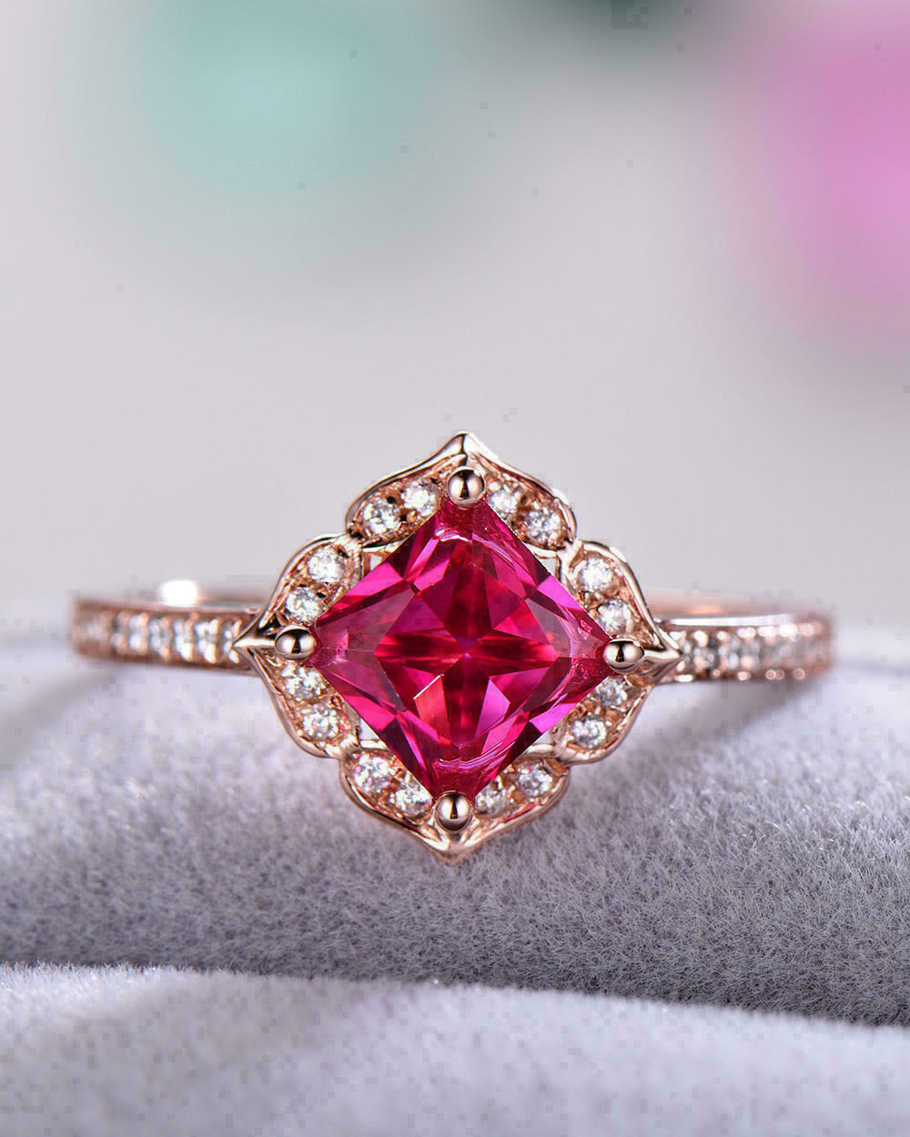 1 CT Cushion Cut Pink Sapphire Diamond Halo Engagement Ring 925 Sterling Silver