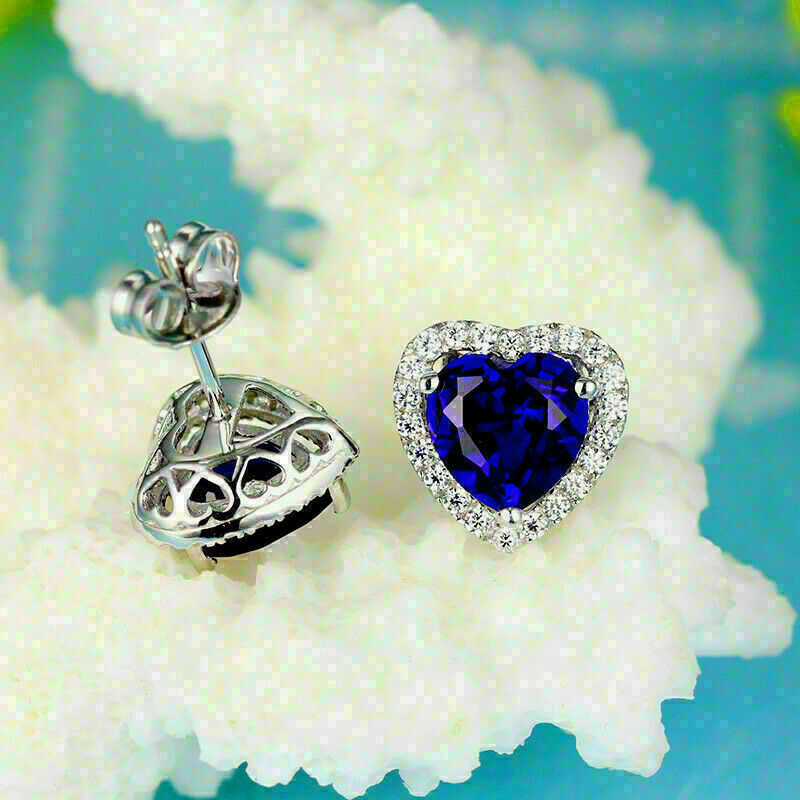 925 Sterling Sliver 3 CT Heart Cut Blue Sapphire Halo Stud Women's Earrings