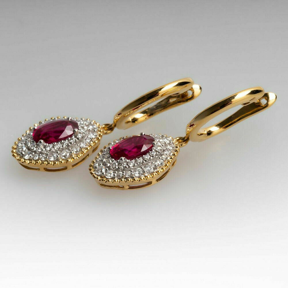 3 CT Oval Cut Ruby & Diamond Women's Clip On Dangle Earring 925 Sterling Silver