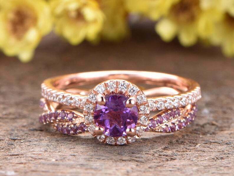2 CT Round Cut Amethyst Bridal Set Halo Engagement Ring 14K Rose Gold Finish