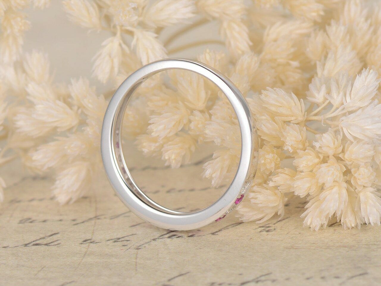 1.2 CT Round Cut Pink Sapphire Diamond 925 Sterling Silver Wedding Band Half Eternity Ring