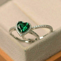 2 CT Heart Cut Green Emerald Bridal Set Engagement Ring 925 Sterling Silver