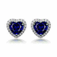 925 Sterling Sliver 3 CT Heart Cut Blue Sapphire Halo Stud Women's Earrings