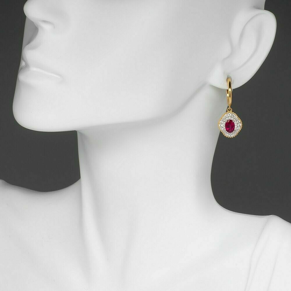 3 CT Oval Cut Ruby & Diamond Women's Clip On Dangle Earring 925 Sterling Silver