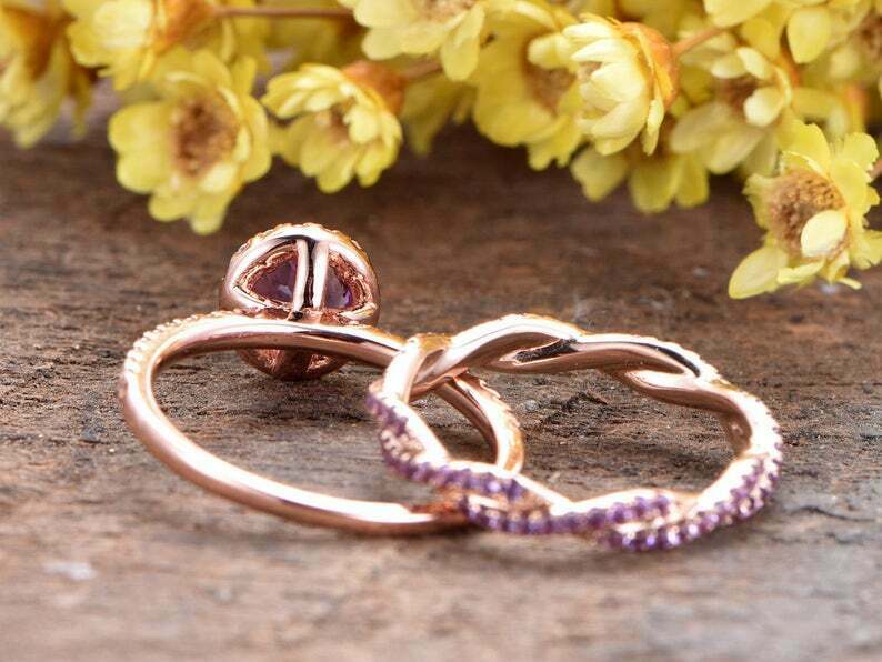 2 CT Round Cut Amethyst Bridal Set Halo Engagement Ring 14K Rose Gold Finish