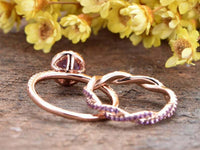 2 CT Round Cut Amethyst Bridal Set Halo Engagement Ring 14K Rose Gold Finish