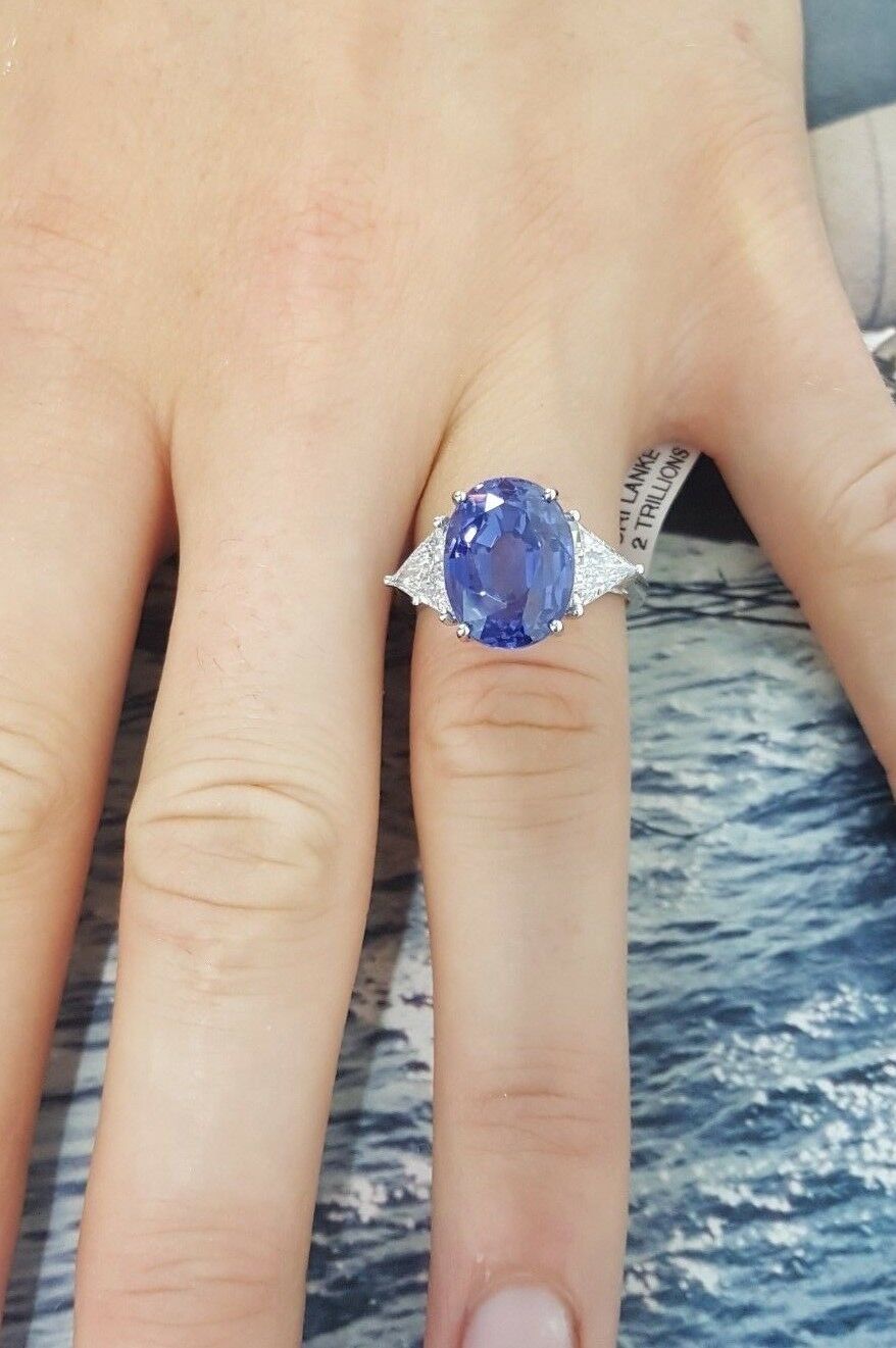 2 CT Oval Cut Blue Sapphire & White Trillion Diamond 925 Sterling Silver Three Stone Ring