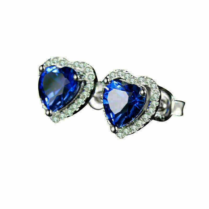 925 Sterling Sliver 3 CT Heart Cut Blue Sapphire Halo Stud Women's Earrings