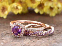 2 CT Round Cut Amethyst Bridal Set Halo Engagement Ring 14K Rose Gold Finish