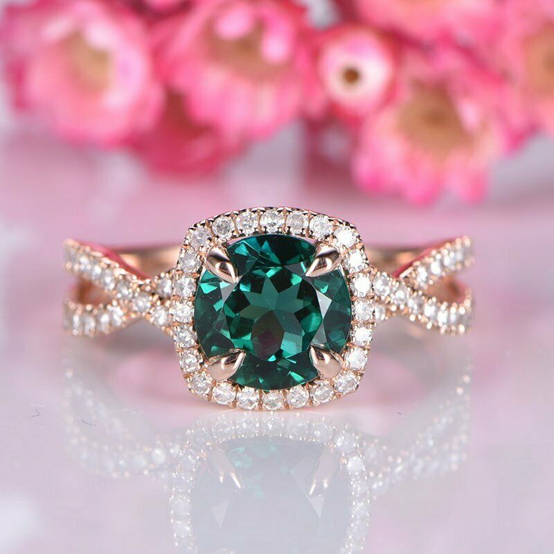 1 CT Round Cut Green Emerald Diamond Halo Wedding Ring 925 Sterling Silver