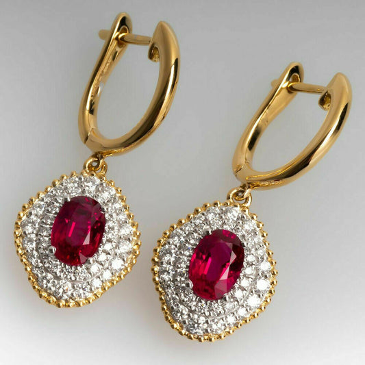 3 CT Oval Cut Ruby & Diamond Women's Clip On Dangle Earring 925 Sterling Silver